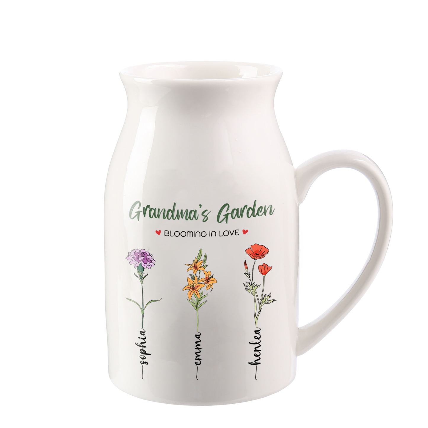 Personalised Ceramic Vase Custom with Text 3 Names & Birthflowers Grandma's Garden Gift for Mum/Grandma  | Jessemade