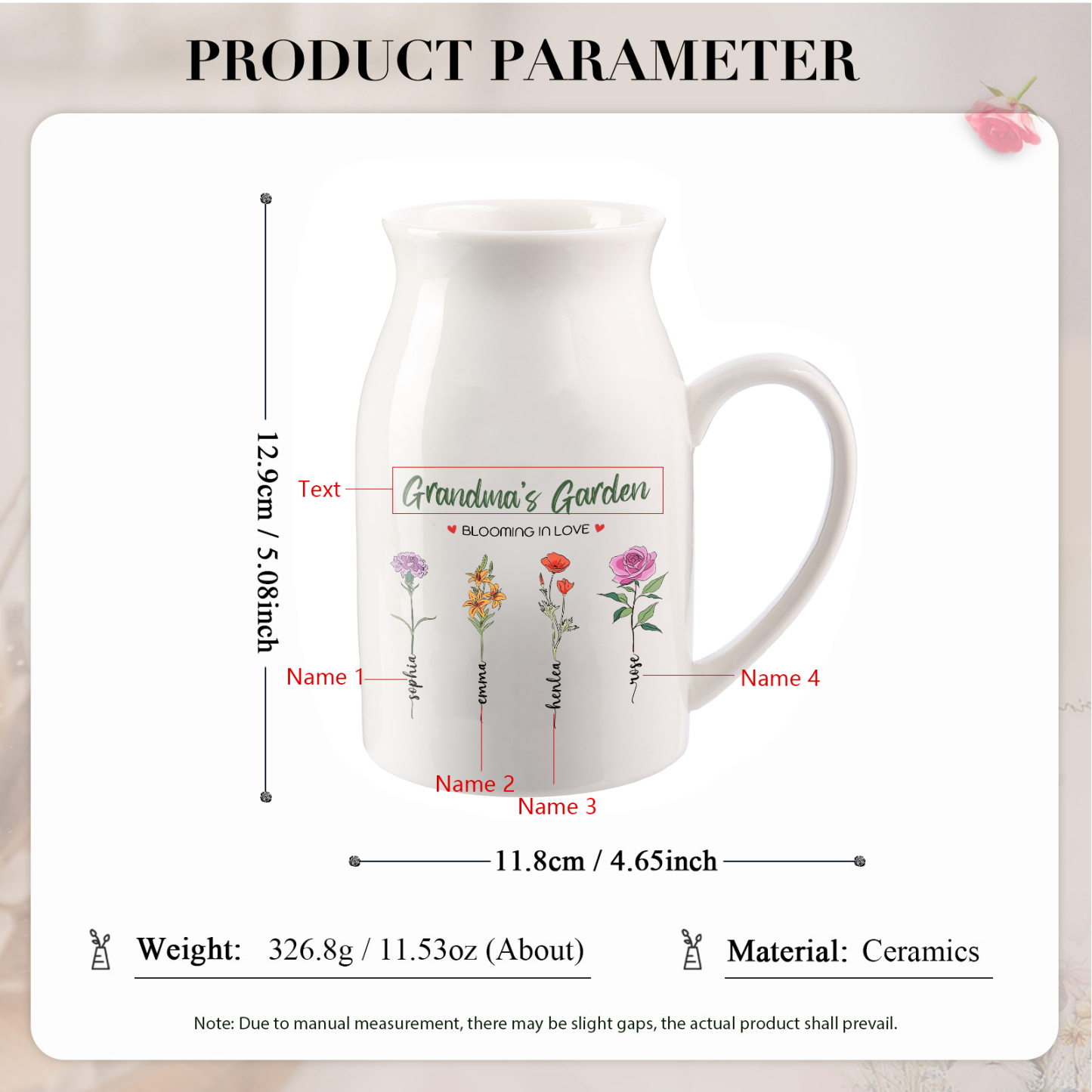 Personalised Ceramic Vase Custom with Text 4 Names & Birthflowers Grandma's Garden Gift for Mum/Grandma  | Jessemade