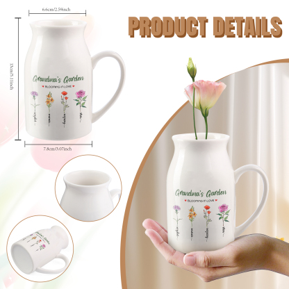 Personalised Ceramic Vase Custom with Text 4 Names & Birthflowers Grandma's Garden Gift for Mum/Grandma  | Jessemade
