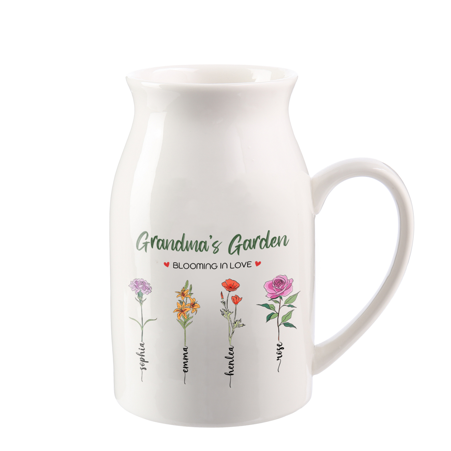 Personalised Ceramic Vase Custom with Text 4 Names & Birthflowers Grandma's Garden Gift for Mum/Grandma  | Jessemade