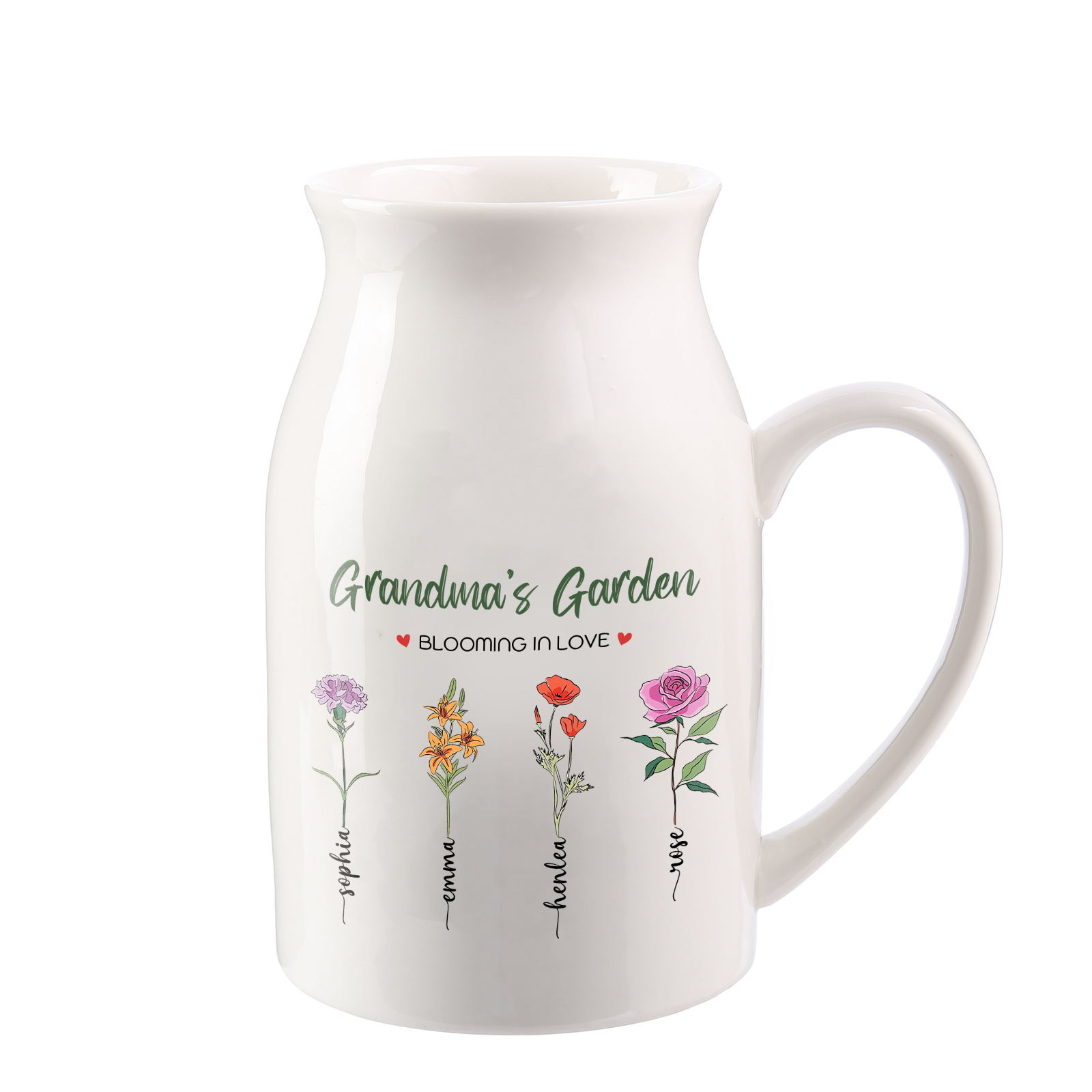Personalised Ceramic Vase Custom with Text 4 Names & Birthflowers Grandma's Garden Gift for Mum/Grandma  | Jessemade