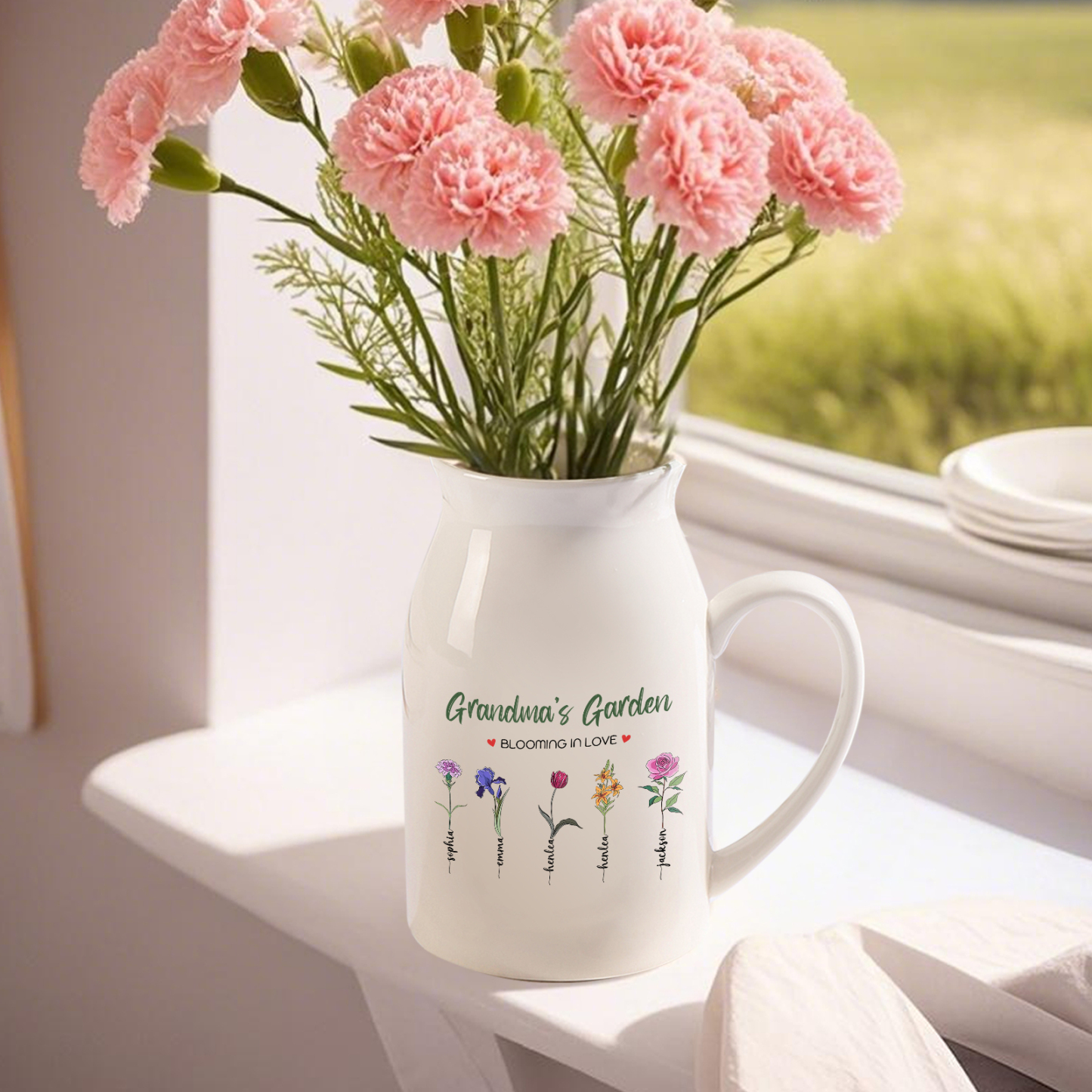 Personalised Ceramic Vase Custom with Text 5 Names & Birthflowers Grandma's Garden Gift for Mum/Grandma  | Jessemade
