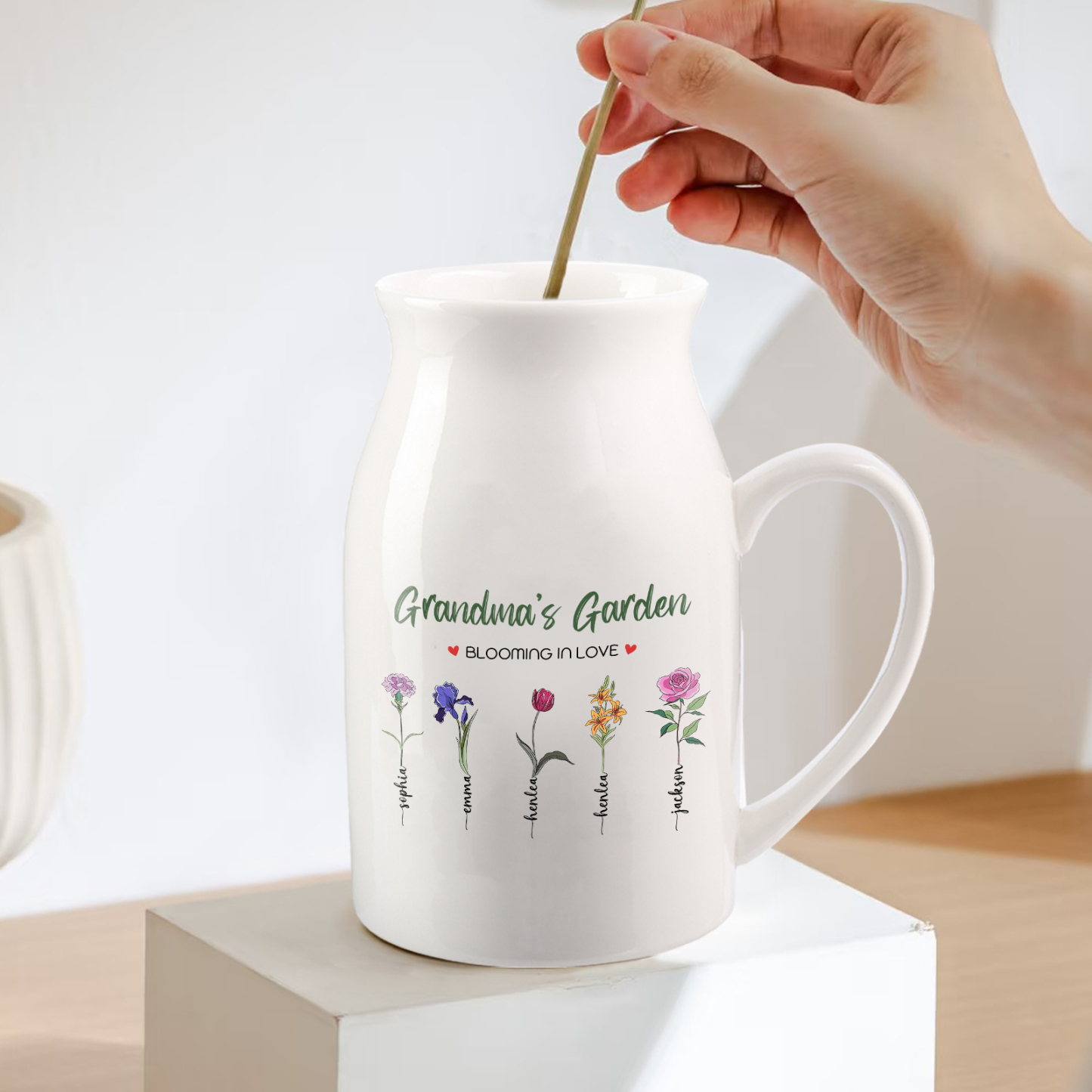 Personalised Ceramic Vase Custom with Text 5 Names & Birthflowers Grandma's Garden Gift for Mum/Grandma  | Jessemade