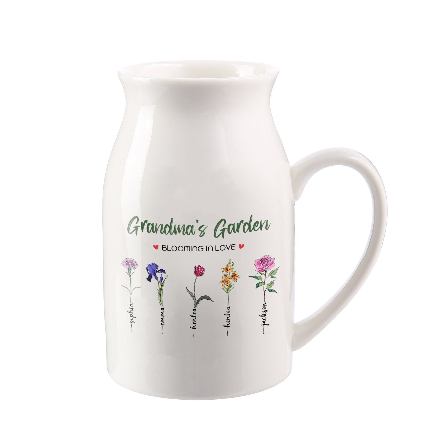 Personalised Ceramic Vase Custom with Text 5 Names & Birthflowers Grandma's Garden Gift for Mum/Grandma  | Jessemade