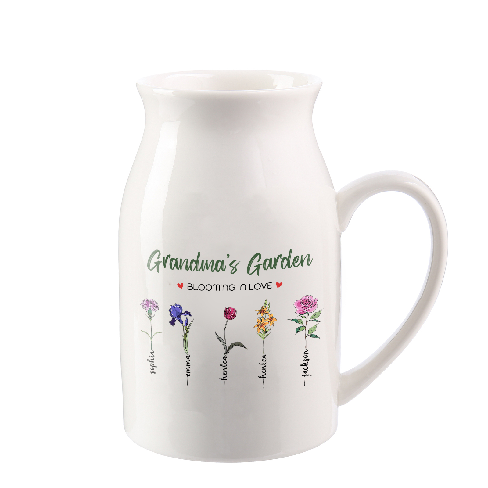 Personalised Ceramic Vase Custom with Text 5 Names & Birthflowers Grandma's Garden Gift for Mum/Grandma  | Jessemade