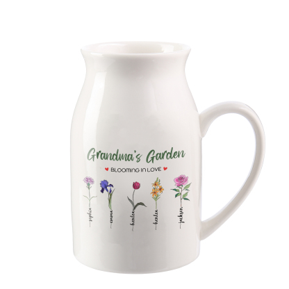 Personalised Ceramic Vase Custom with Text 5 Names & Birthflowers Grandma's Garden Gift for Mum/Grandma  | Jessemade