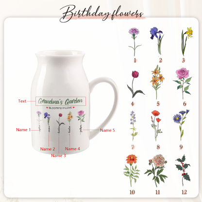 Personalised Ceramic Vase Custom with Text 5 Names & Birthflowers Grandma's Garden Gift for Mum/Grandma  | Jessemade