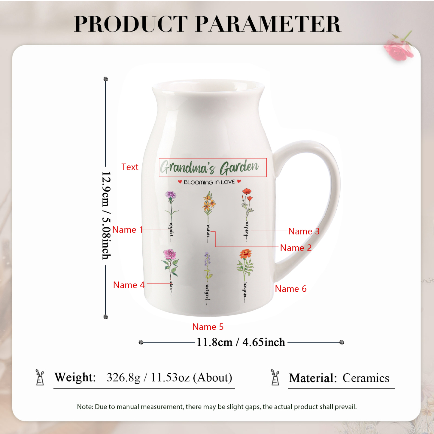 Personalised Ceramic Vase Custom with Text 6 Names & Birthflowers Grandma's Garden Gift for Mum/Grandma  | Jessemade