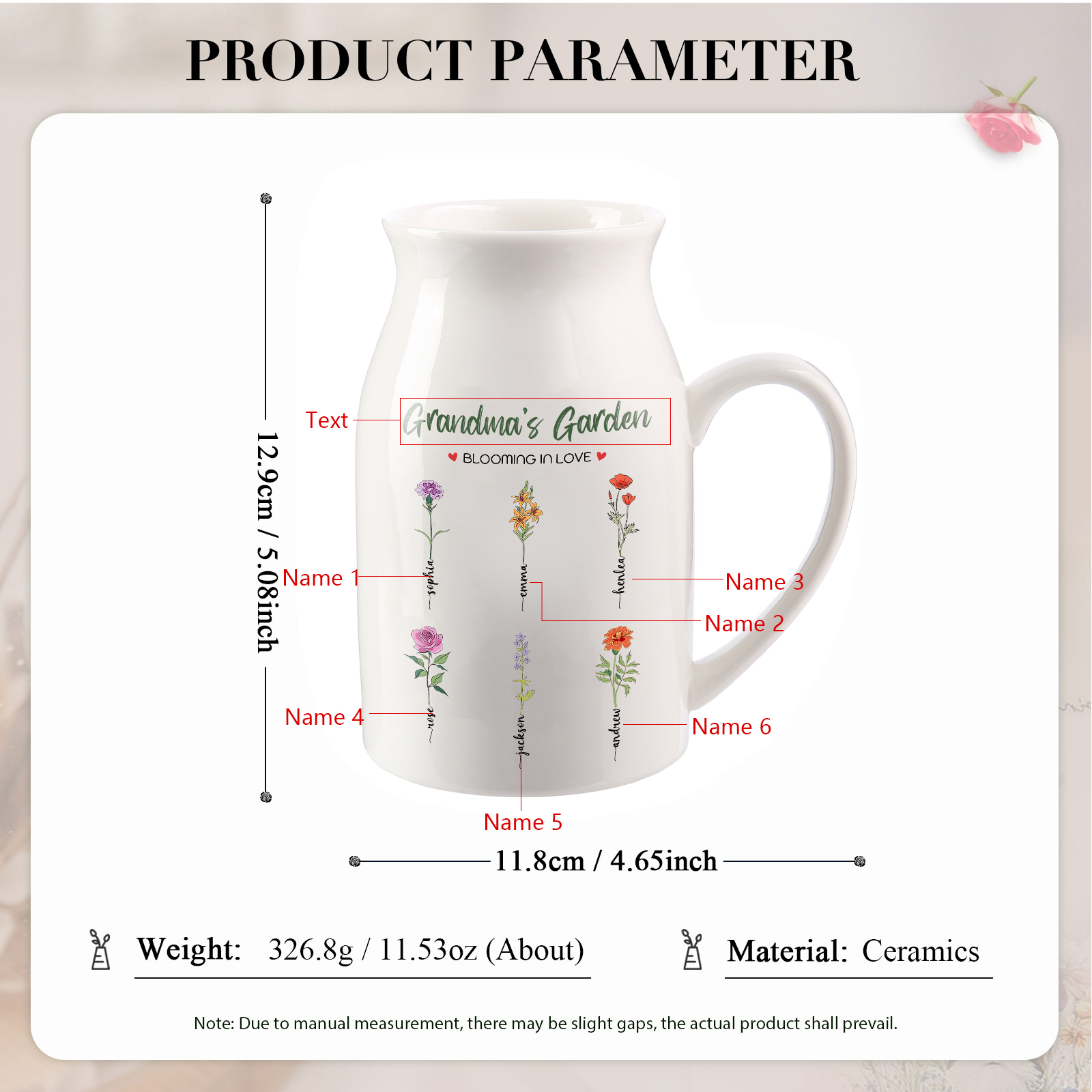 Personalised Ceramic Vase Custom with Text 6 Names & Birthflowers Grandma's Garden Gift for Mum/Grandma  | Jessemade