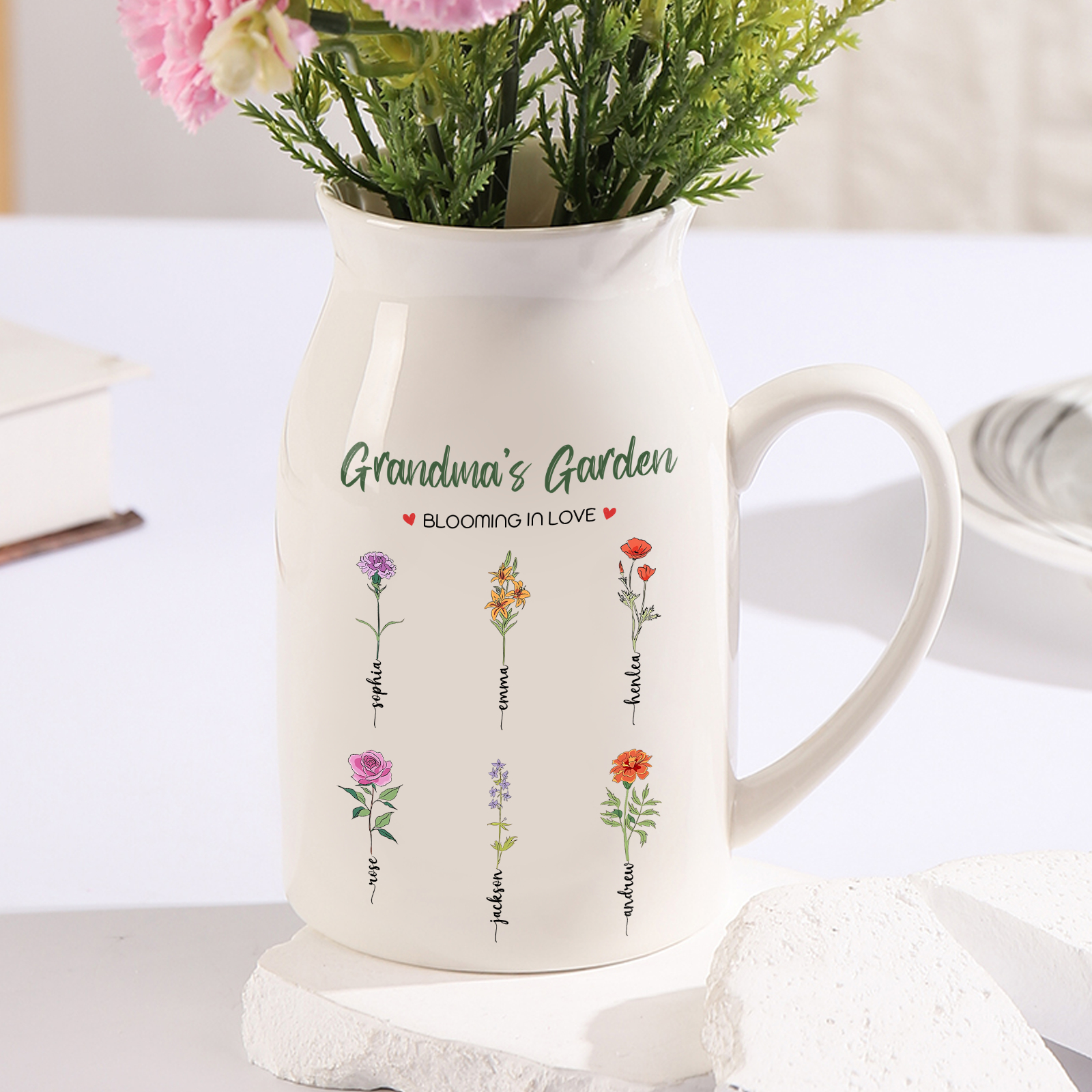 Personalised Ceramic Vase Custom with Text 6 Names & Birthflowers Grandma's Garden Gift for Mum/Grandma  | Jessemade