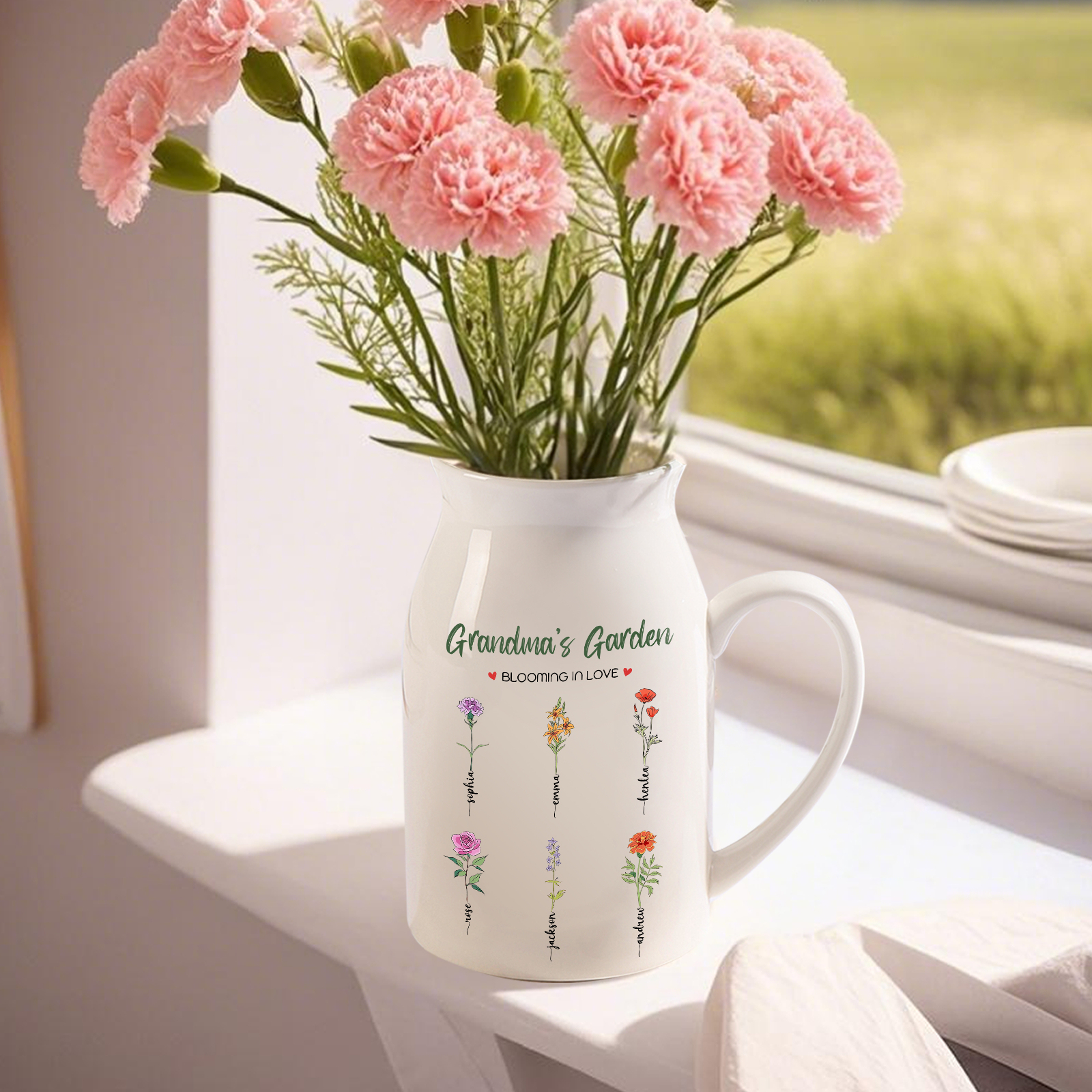 Personalised Ceramic Vase Custom with Text 6 Names & Birthflowers Grandma's Garden Gift for Mum/Grandma  | Jessemade