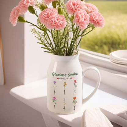 Personalised Ceramic Vase Custom with Text 6 Names & Birthflowers Grandma's Garden Gift for Mum/Grandma  | Jessemade