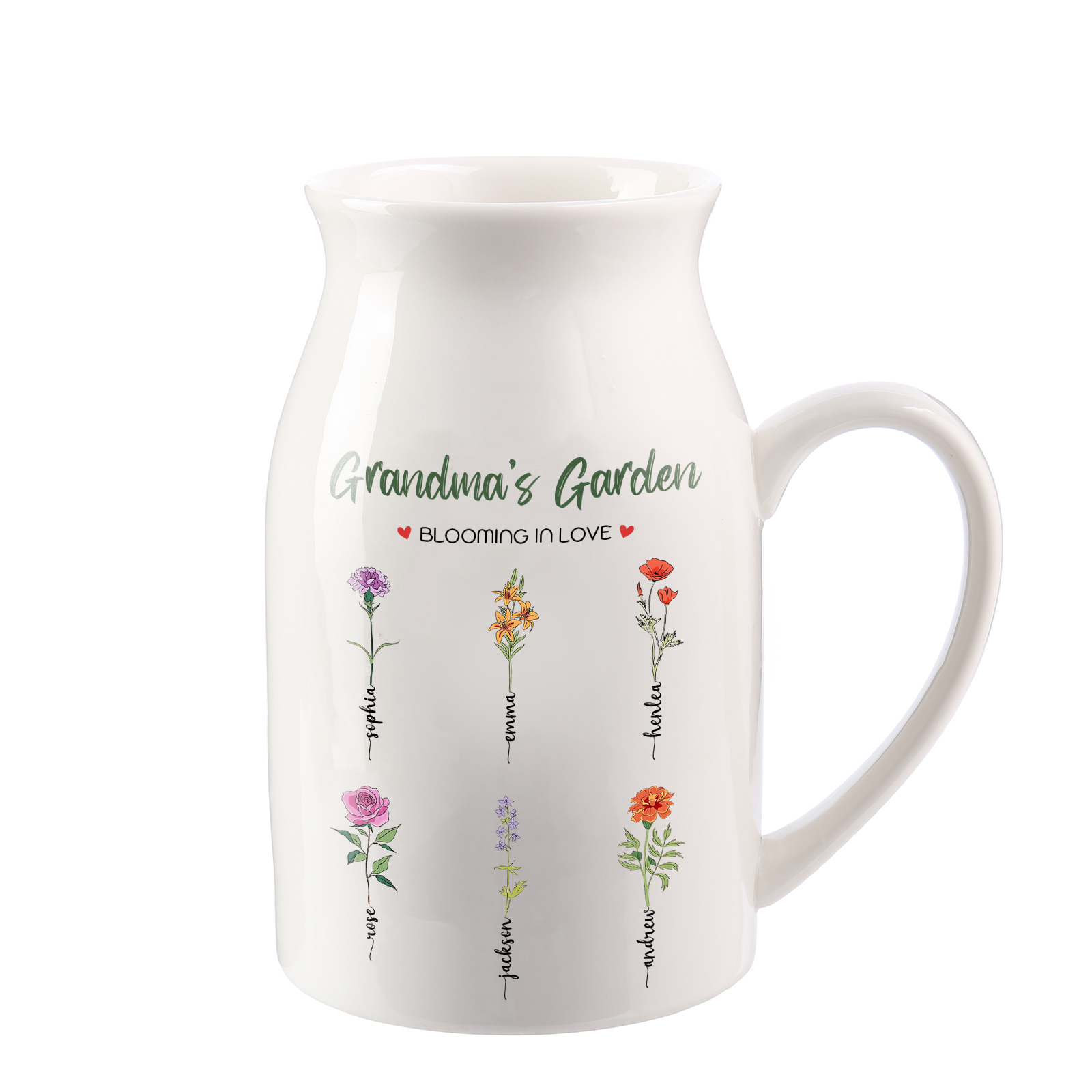 Personalised Ceramic Vase Custom with Text 6 Names & Birthflowers Grandma's Garden Gift for Mum/Grandma  | Jessemade