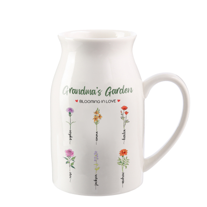 Personalised Ceramic Vase Custom with Text 6 Names & Birthflowers Grandma's Garden Gift for Mum/Grandma  | Jessemade