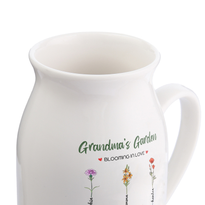 Personalised Ceramic Vase Custom with Text 6 Names & Birthflowers Grandma's Garden Gift for Mum/Grandma  | Jessemade