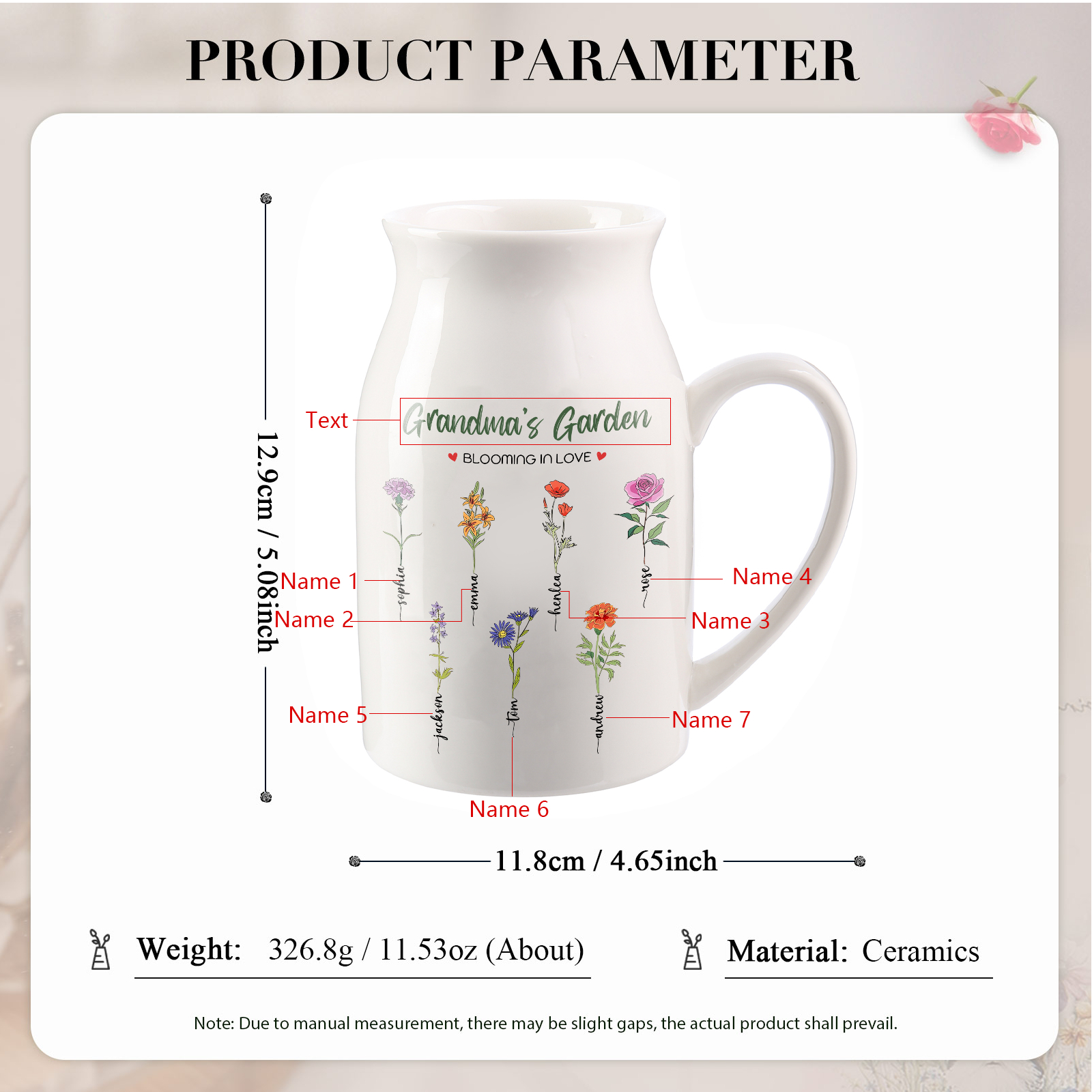 Personalised Ceramic Vase Custom with Text 7 Names & Birthflowers Grandma's Garden Gift for Mum/Grandma  | Jessemade