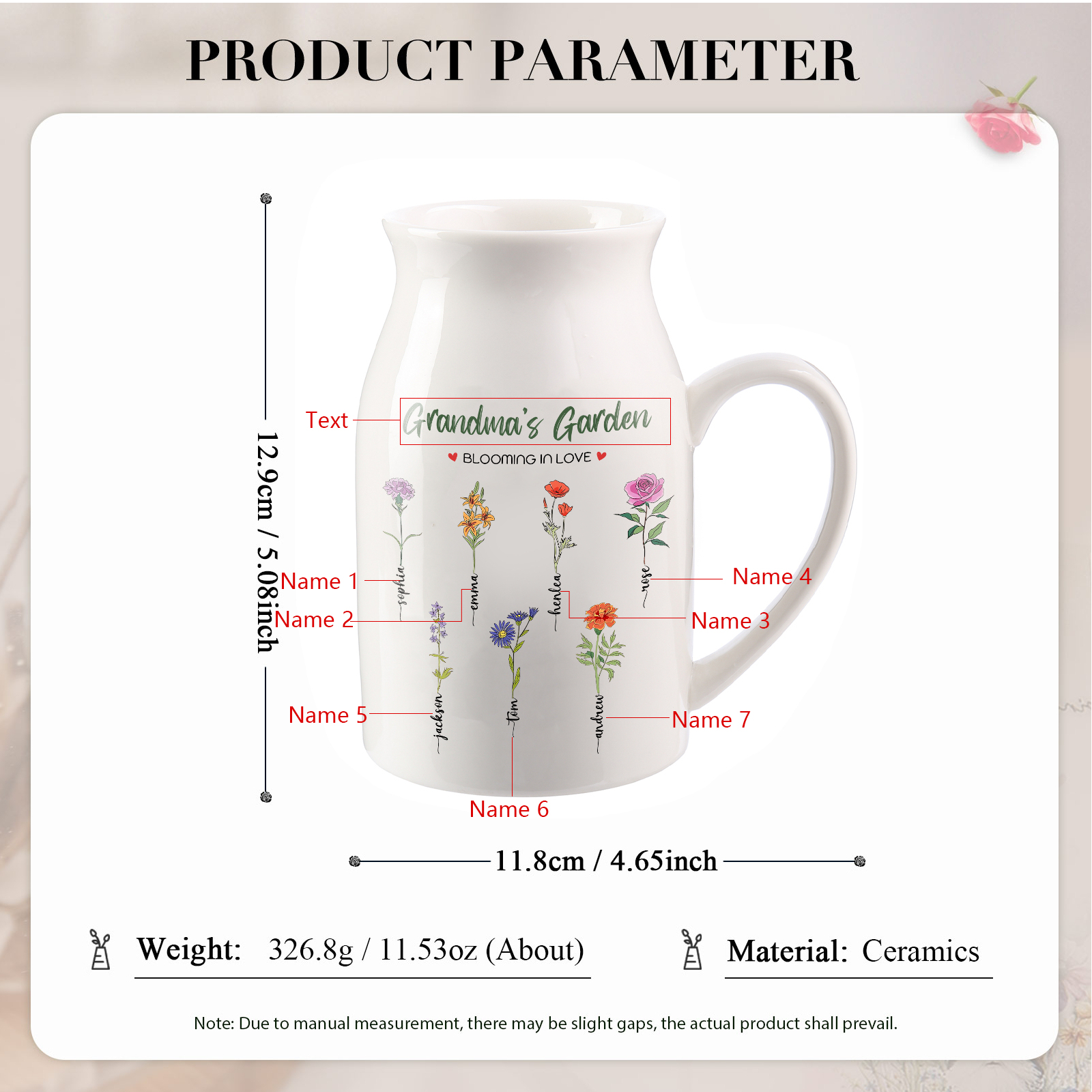 Personalised Ceramic Vase Custom with Text 7 Names & Birthflowers Grandma's Garden Gift for Mum/Grandma  | Jessemade