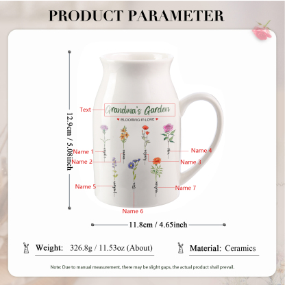 Personalised Ceramic Vase Custom with Text 7 Names & Birthflowers Grandma's Garden Gift for Mum/Grandma  | Jessemade
