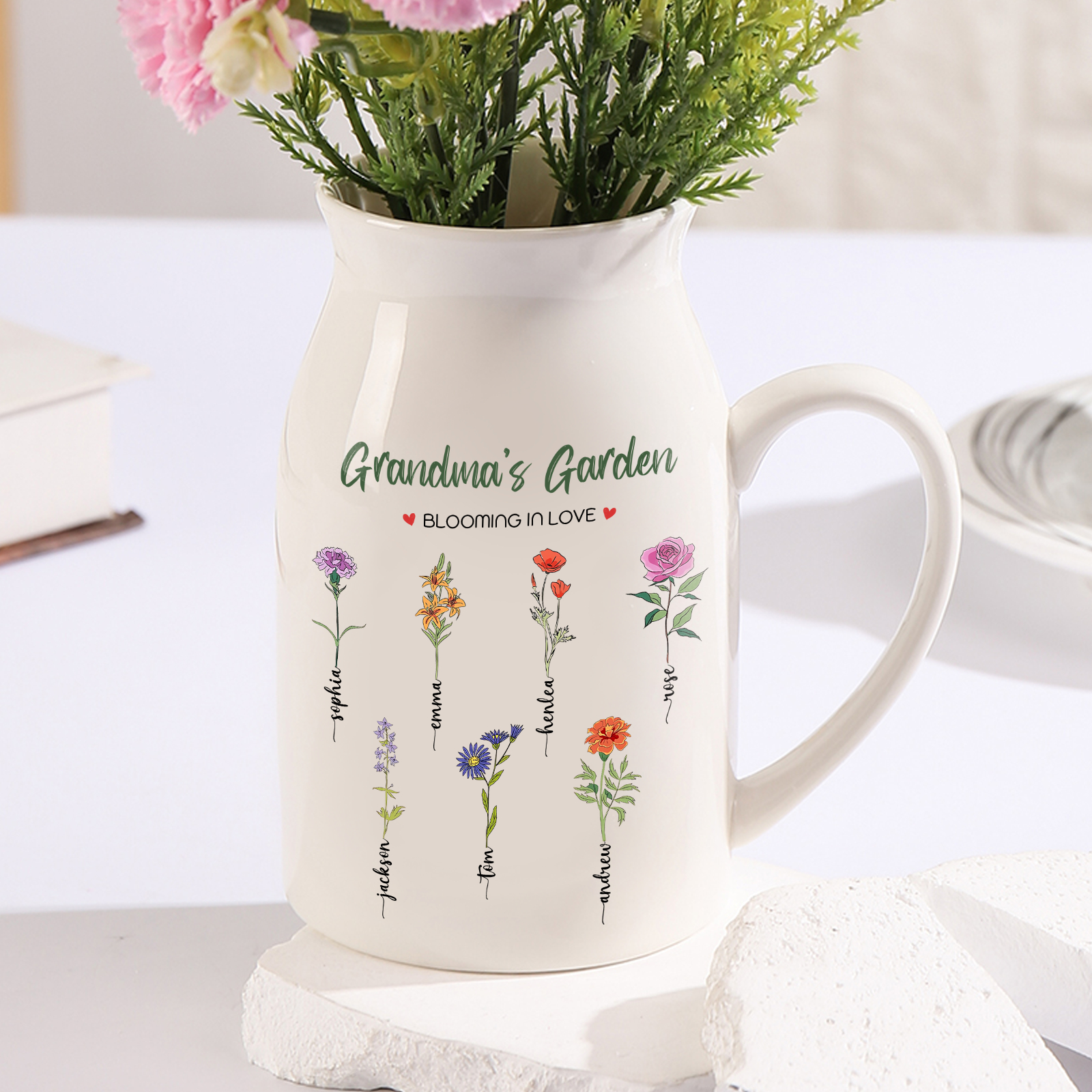 Personalised Flower Vase with 7 Birth Flowers & Names – Custom Gift for Mum or Nan | Jessemade