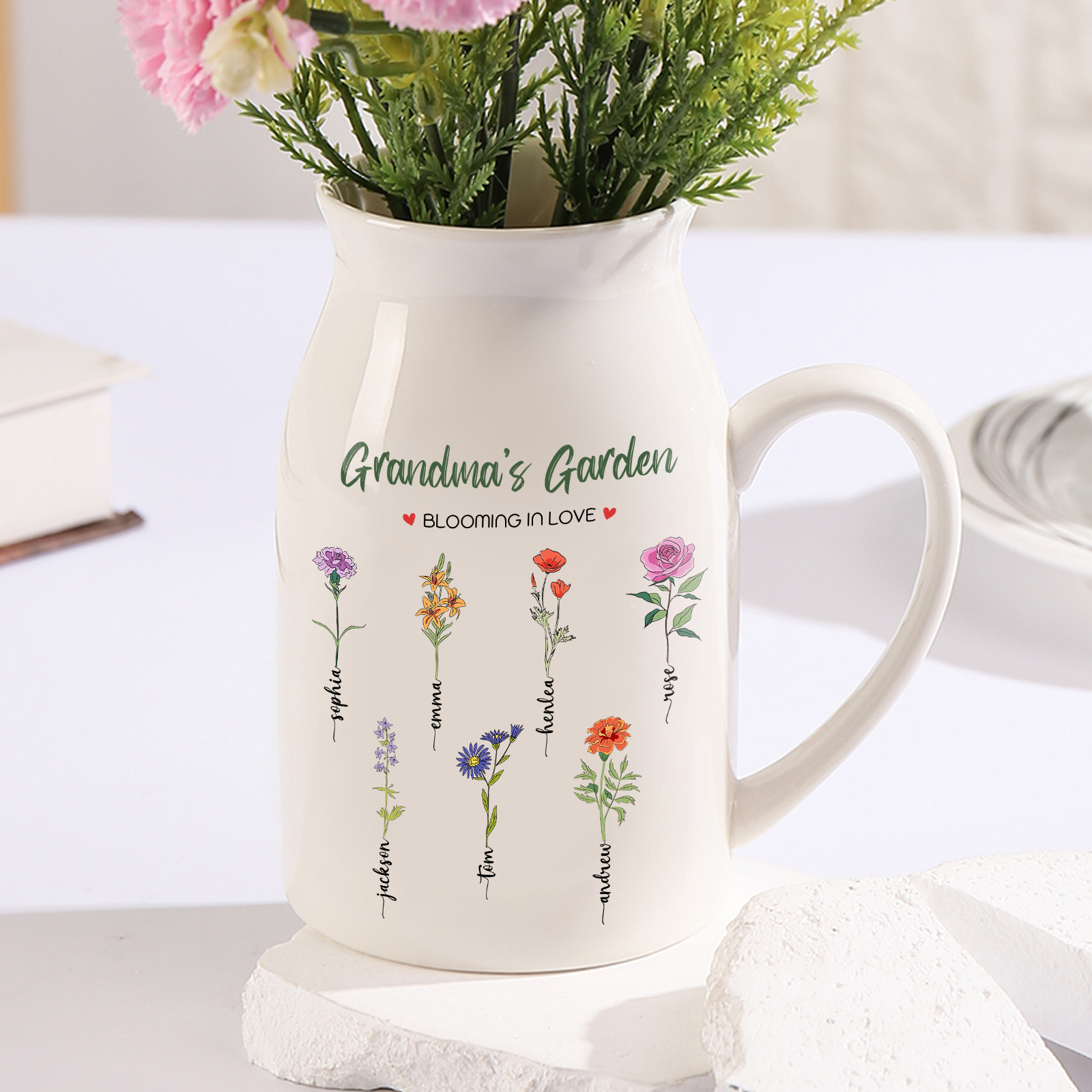 Personalised Flower Vase with 7 Birth Flowers & Names – Custom Gift for Mum or Nan | Jessemade