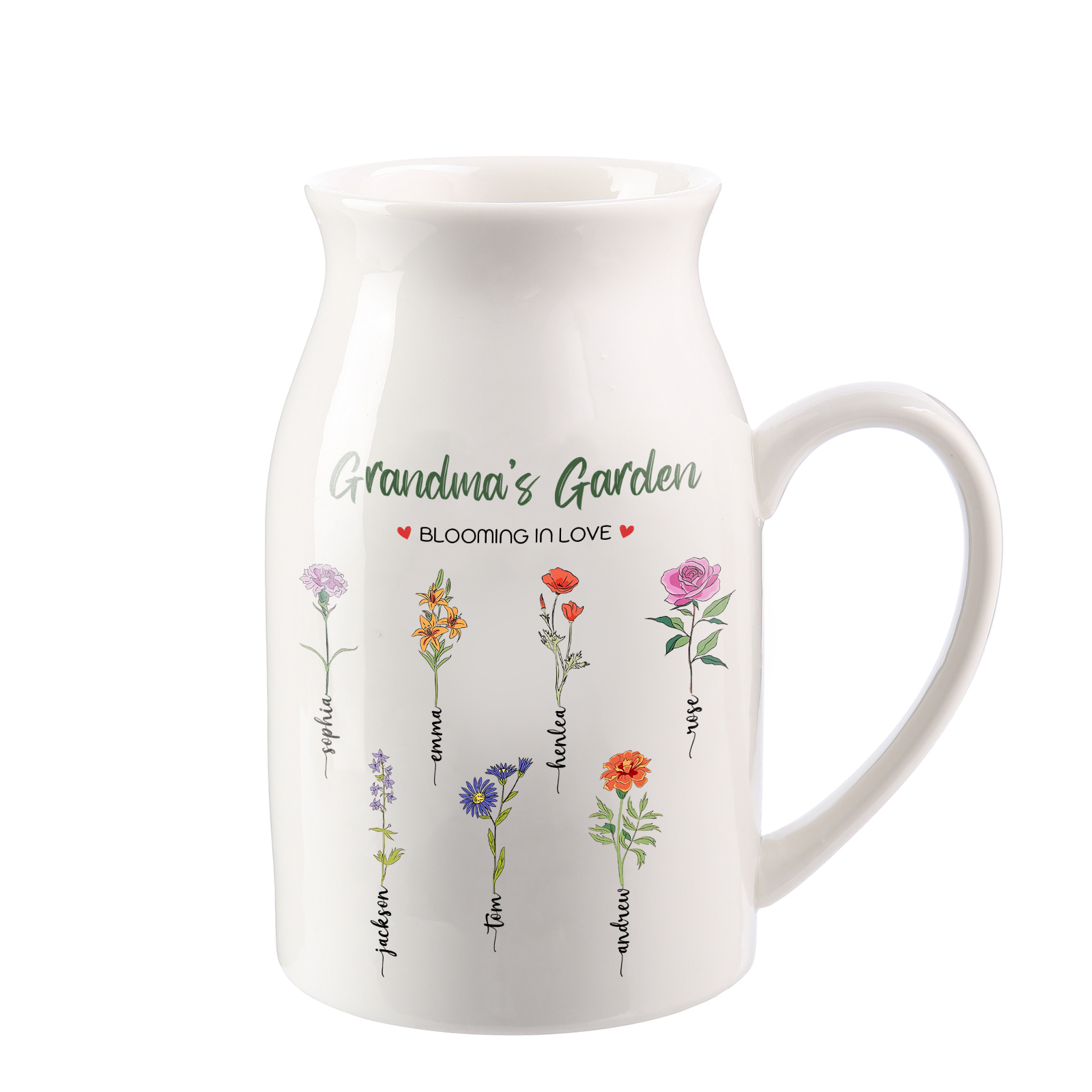 Personalised Ceramic Vase Custom with Text 7 Names & Birthflowers Grandma's Garden Gift for Mum/Grandma  | Jessemade
