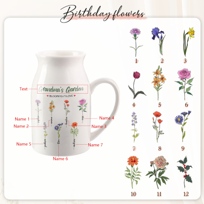 Personalised Ceramic Vase Custom with Text 7 Names & Birthflowers Grandma's Garden Gift for Mum/Grandma  | Jessemade