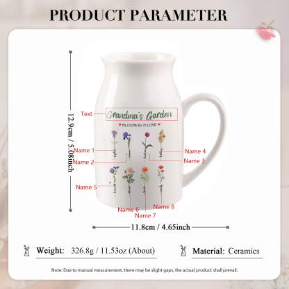 Personalised Ceramic Vase Custom with Text 8 Names & Birthflowers Grandma's Garden Gift for Mum/Grandma  | Jessemade