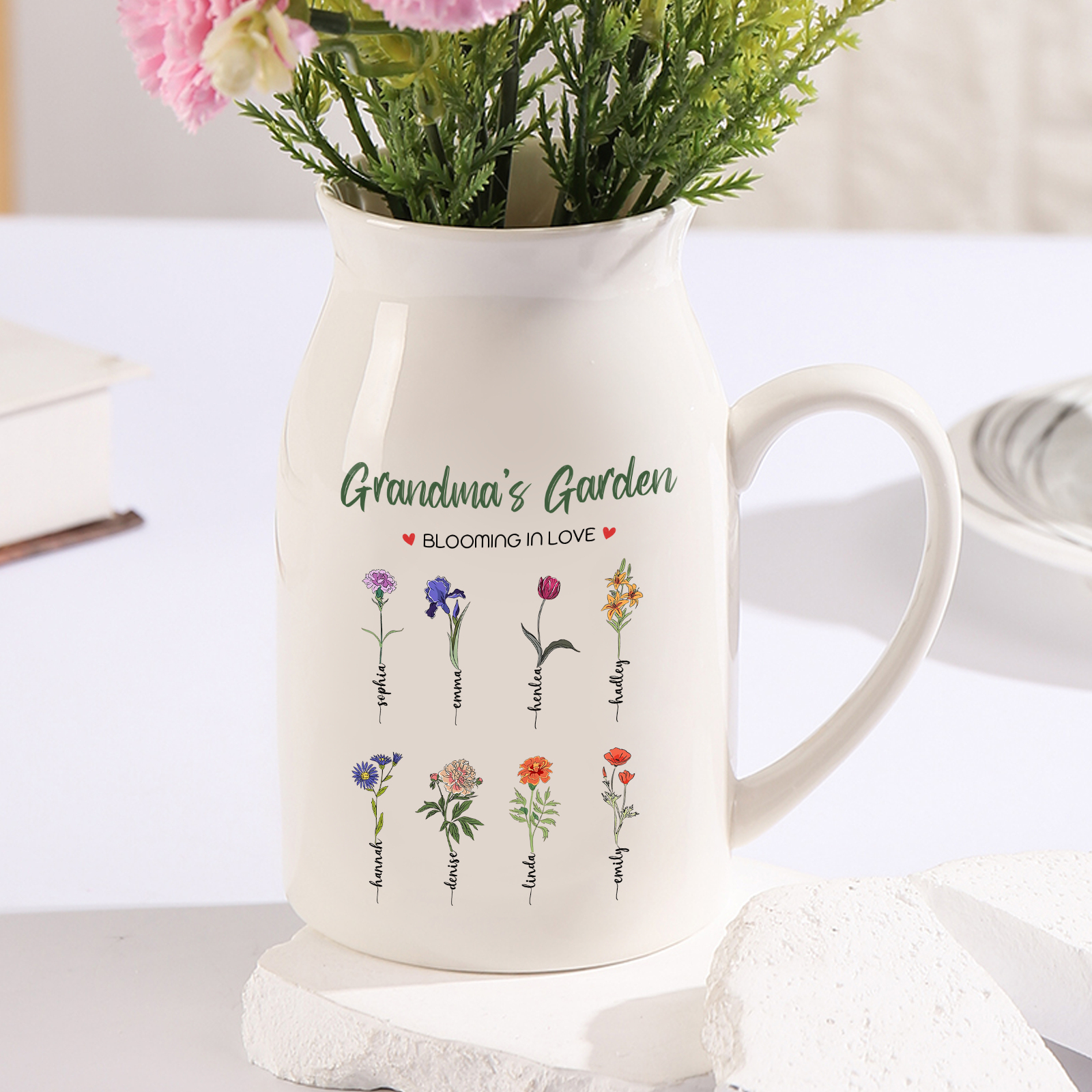 Personalised Flower Vase with 8 Birth Flowers & Names – Custom Gift for Mum or Nan | Jessemade