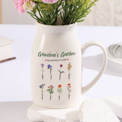 Personalised Flower Vase with 8 Birth Flowers & Names – Custom Gift for Mum or Nan | Jessemade