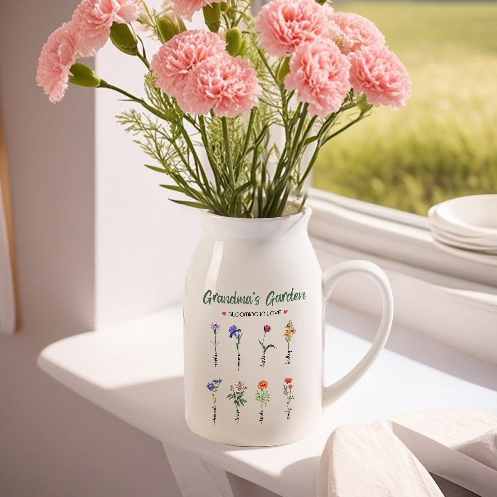 Personalised Ceramic Vase Custom with Text 8 Names & Birthflowers Grandma's Garden Gift for Mum/Grandma  | Jessemade