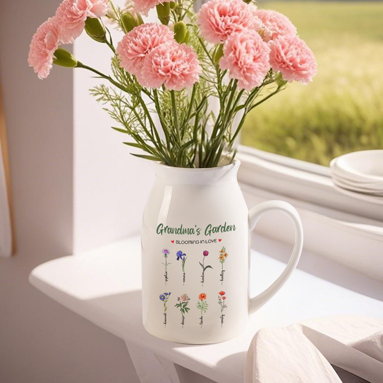 Personalised Ceramic Vase Custom with Text 8 Names & Birthflowers Grandma's Garden Gift for Mum/Grandma  | Jessemade