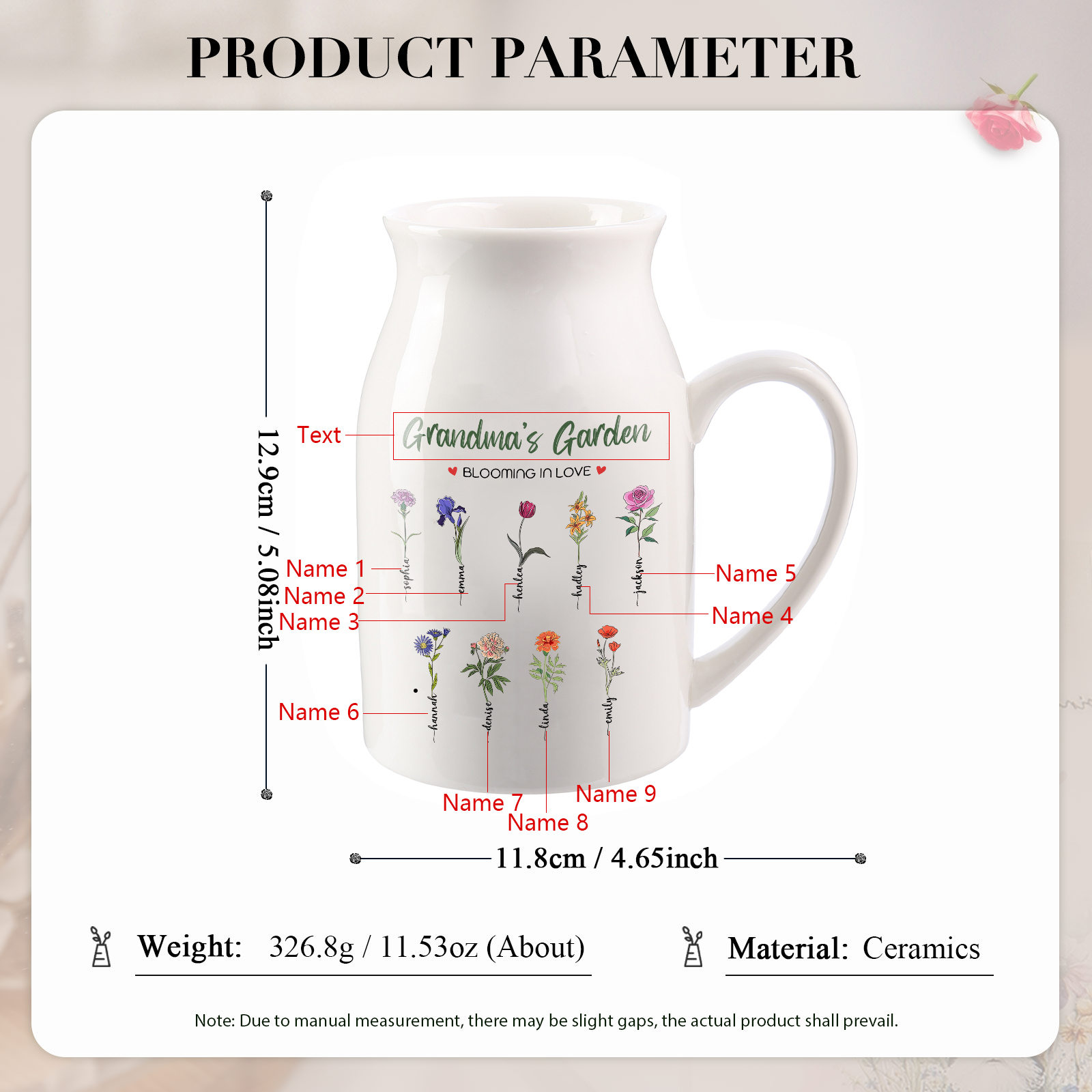 Personalised Ceramic Vase Custom with Text 9 Names & Birthflowers Grandma's Garden Gift for Mum/Grandma  | Jessemade