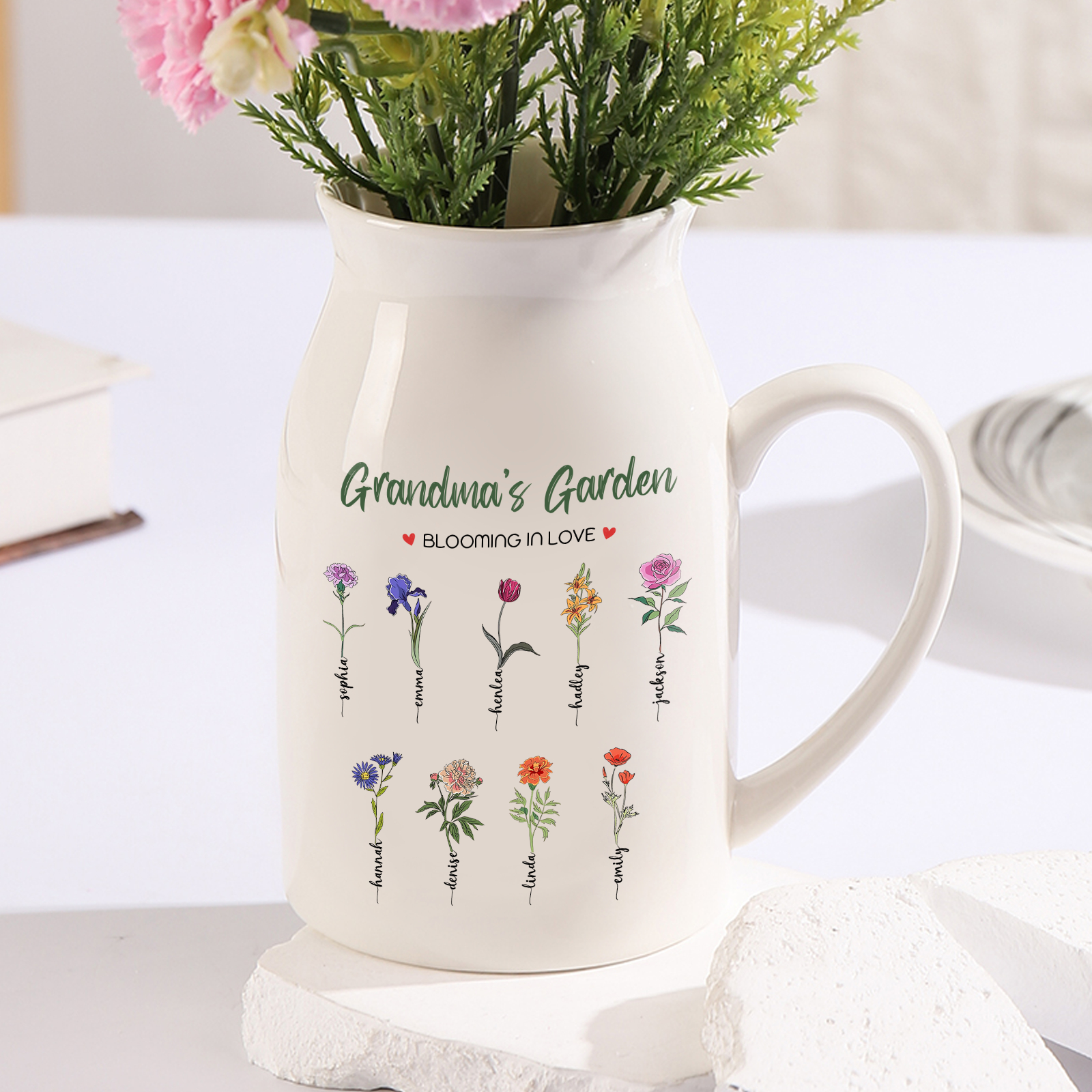 Personalised Ceramic Vase Custom with Text 9 Names & Birthflowers Grandma's Garden Gift for Mum/Grandma  | Jessemade