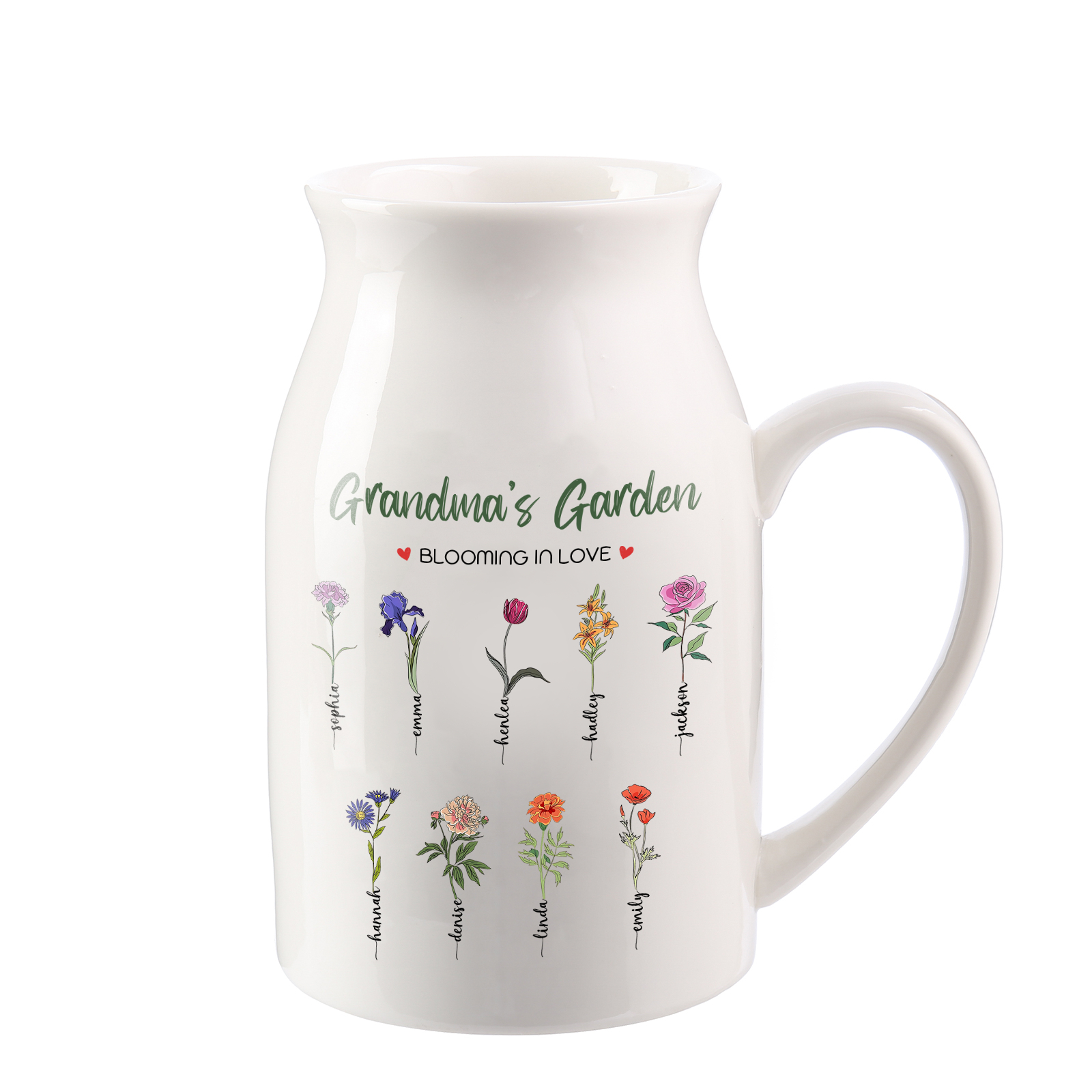 Personalised Ceramic Vase Custom with Text 9 Names & Birthflowers Grandma's Garden Gift for Mum/Grandma  | Jessemade