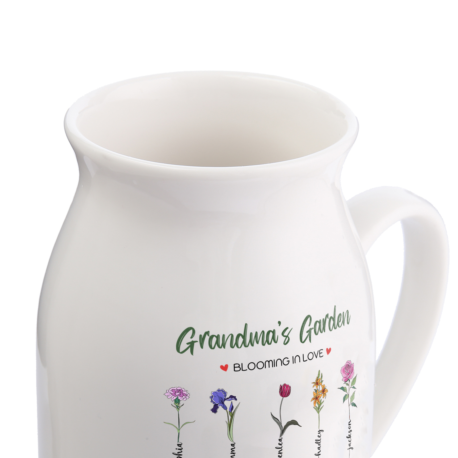 Personalised Ceramic Vase Custom with Text 9 Names & Birthflowers Grandma's Garden Gift for Mum/Grandma  | Jessemade