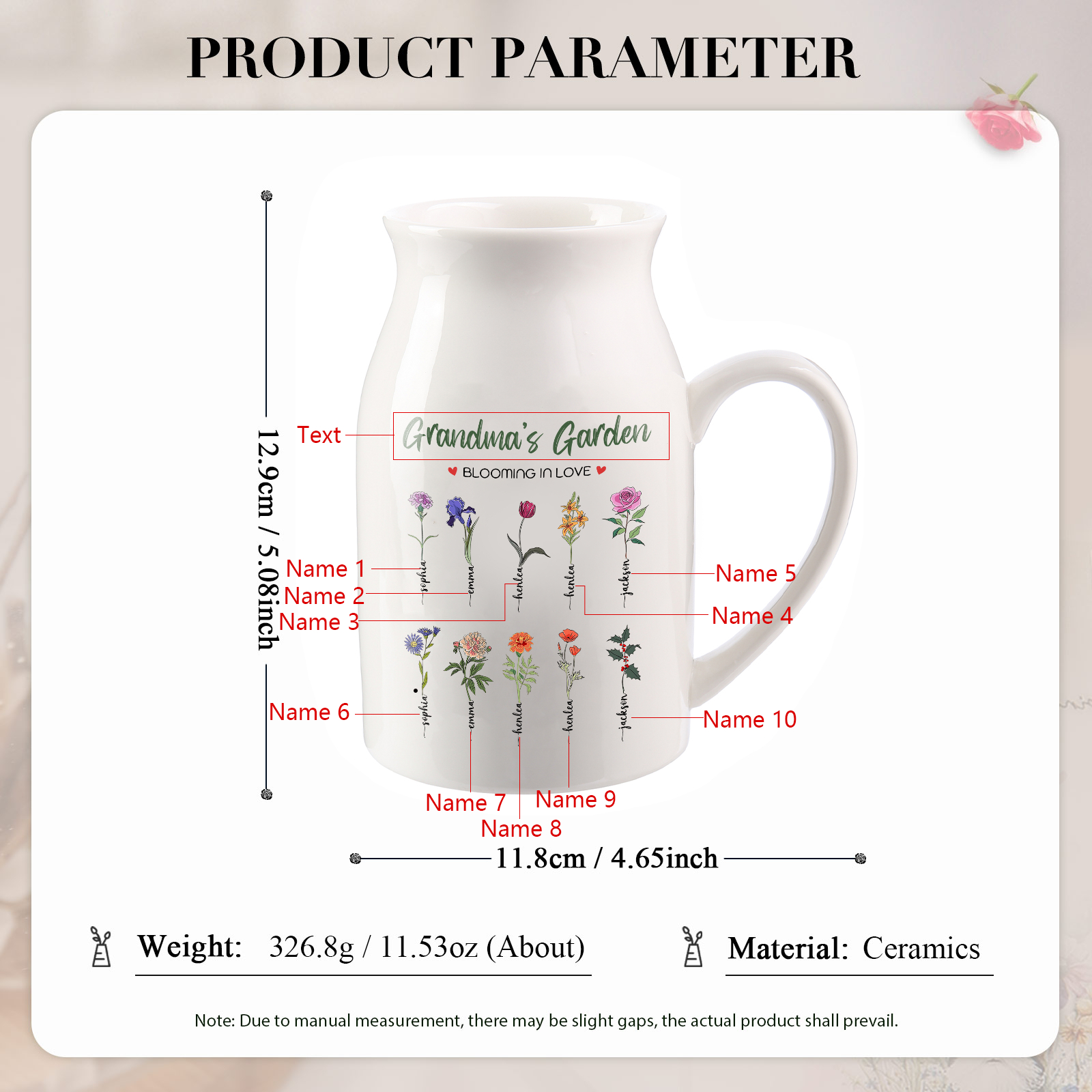 Personalised Ceramic Vase Custom with Text 10 Names & Birthflowers Grandma's Garden Gift for Mum/Grandma  | Jessemade