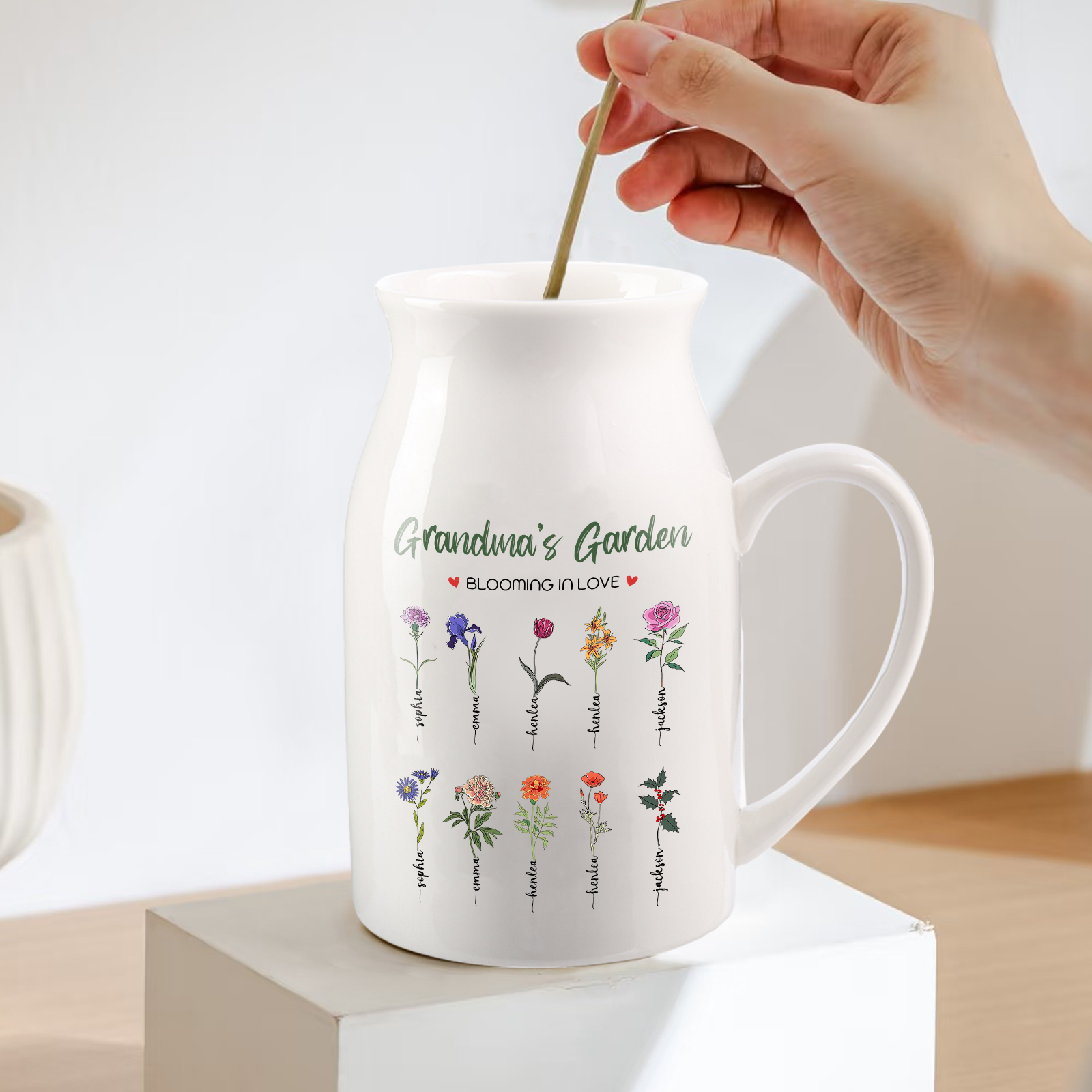 Personalised Ceramic Vase Custom with Text 10 Names & Birthflowers Grandma's Garden Gift for Mum/Grandma  | Jessemade