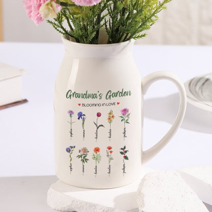 Personalised Flower Vase with 10 Birth Flowers & Names – Custom Gift for Mum or Nan | Jessemade