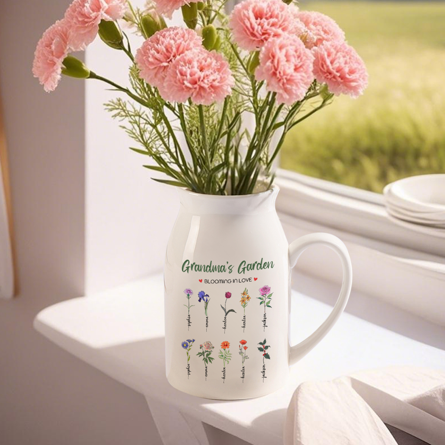 Personalised Ceramic Vase Custom with Text 10 Names & Birthflowers Grandma's Garden Gift for Mum/Grandma  | Jessemade