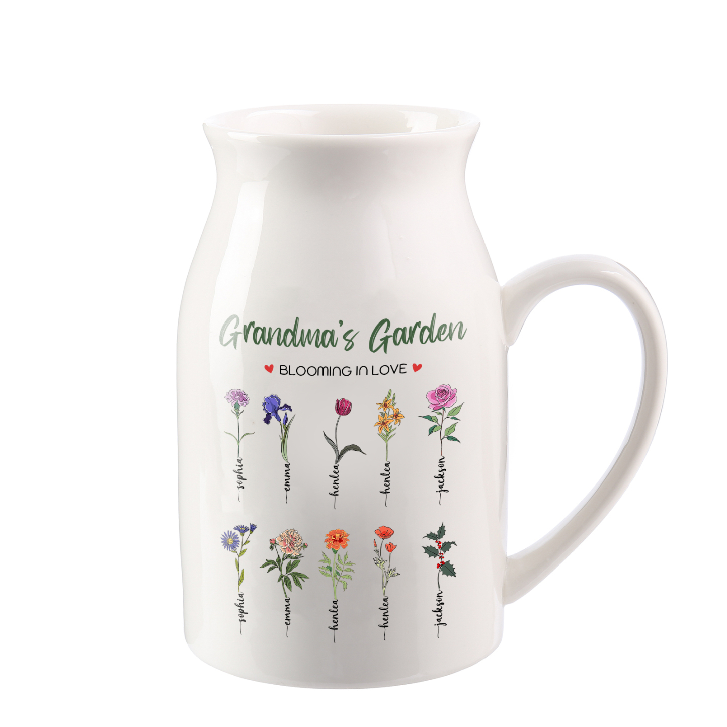 Personalised Ceramic Vase Custom with Text 10 Names & Birthflowers Grandma's Garden Gift for Mum/Grandma  | Jessemade