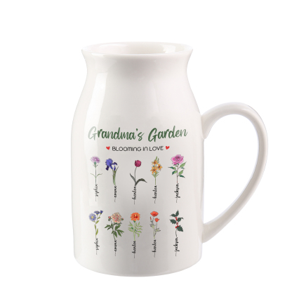 Personalised Ceramic Vase Custom with Text 10 Names & Birthflowers Grandma's Garden Gift for Mum/Grandma  | Jessemade