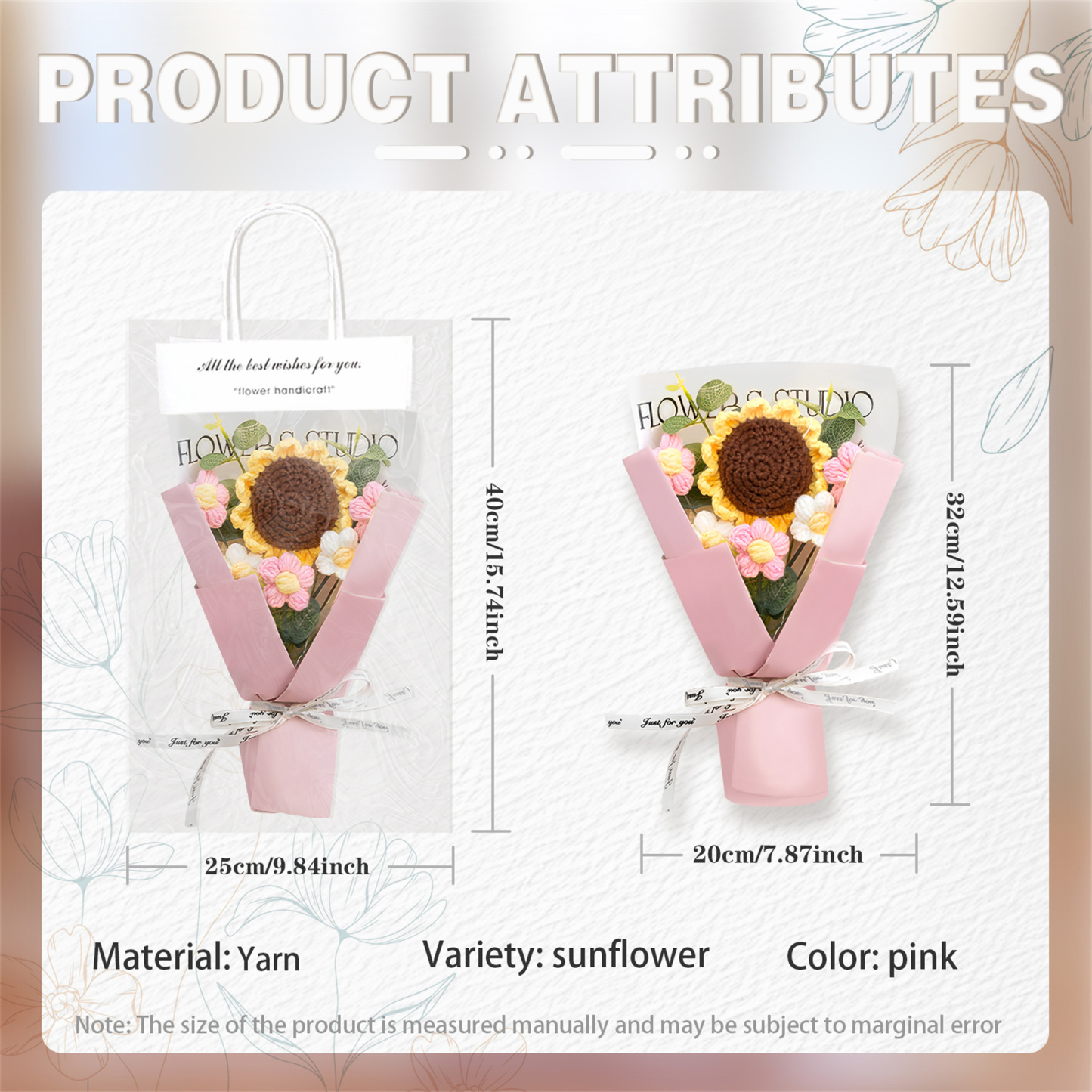 Handcrafted Yarn Flower Bouquet – Rose&Sunflower&Carnation Gift for Mum or Loved One | Jessemade