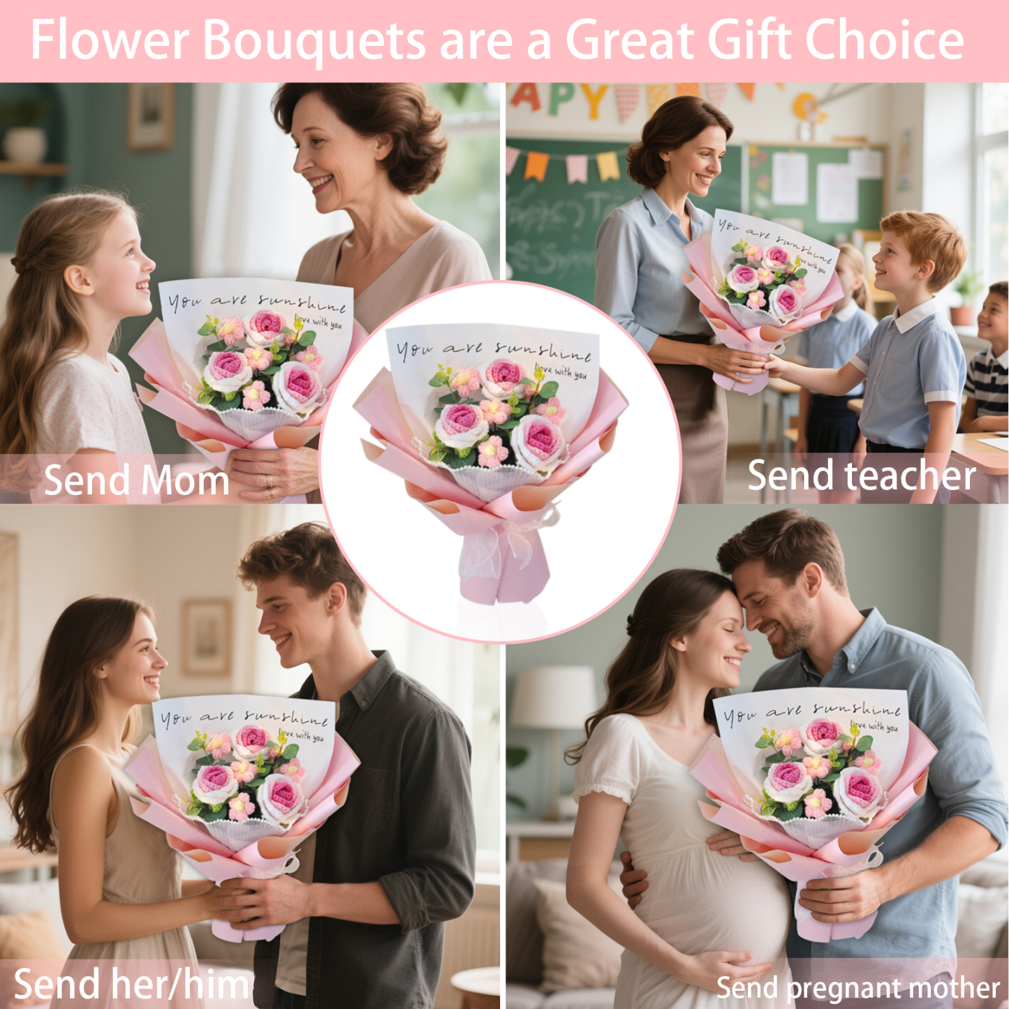 "You Are Sunshine" Knitted Yarn Rose Bouquet – Handmade Gift with Gift Bag | Jessemade