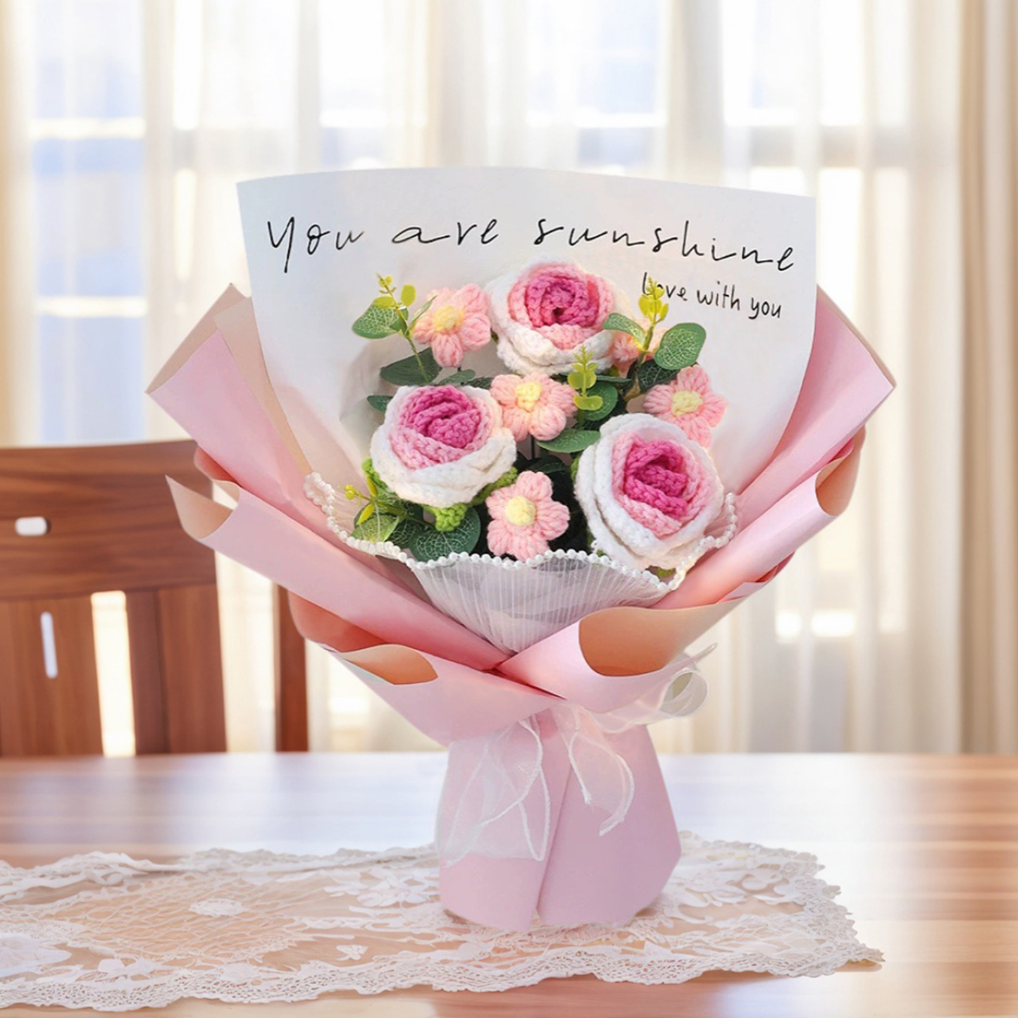 "You Are Sunshine" Knitted Yarn Rose Bouquet – Handmade Gift with Gift Bag | Jessemade