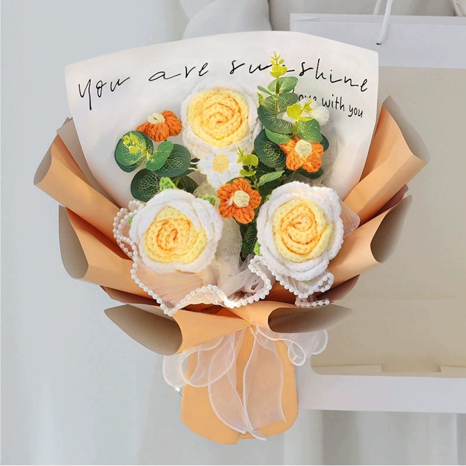 "You Are Sunshine" Knitted Yarn Rose Bouquet – Handmade Gift with Gift Bag | Jessemade