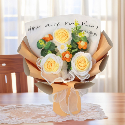 "You Are Sunshine" Knitted Yarn Rose Bouquet – Handmade Gift with Gift Bag | Jessemade