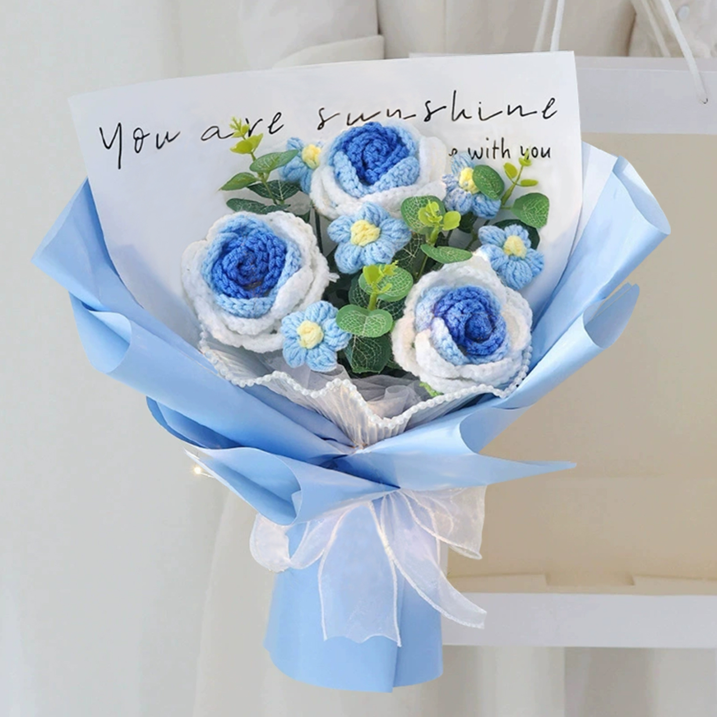 "You Are Sunshine" Knitted Yarn Rose Bouquet – Handmade Gift with Gift Bag | Jessemade