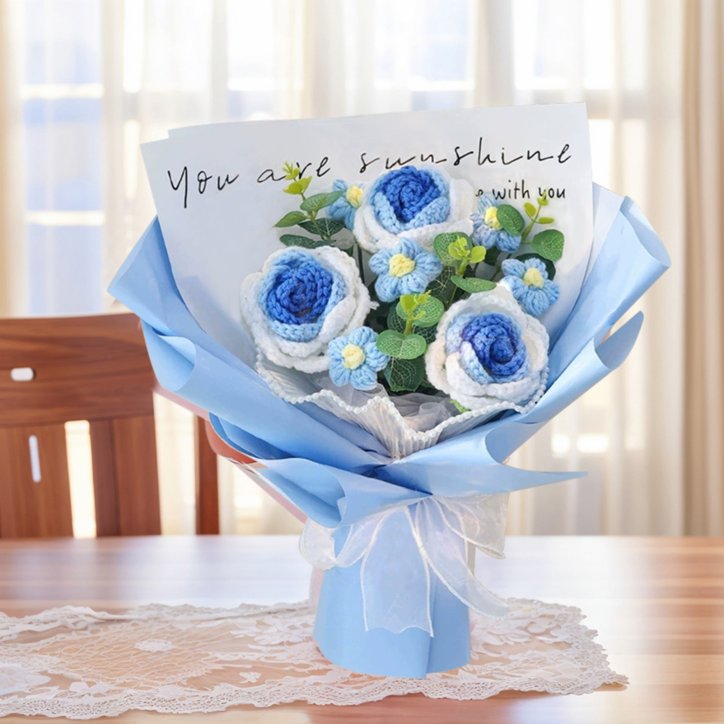 "You Are Sunshine" Knitted Yarn Rose Bouquet – Handmade Gift with Gift Bag | Jessemade