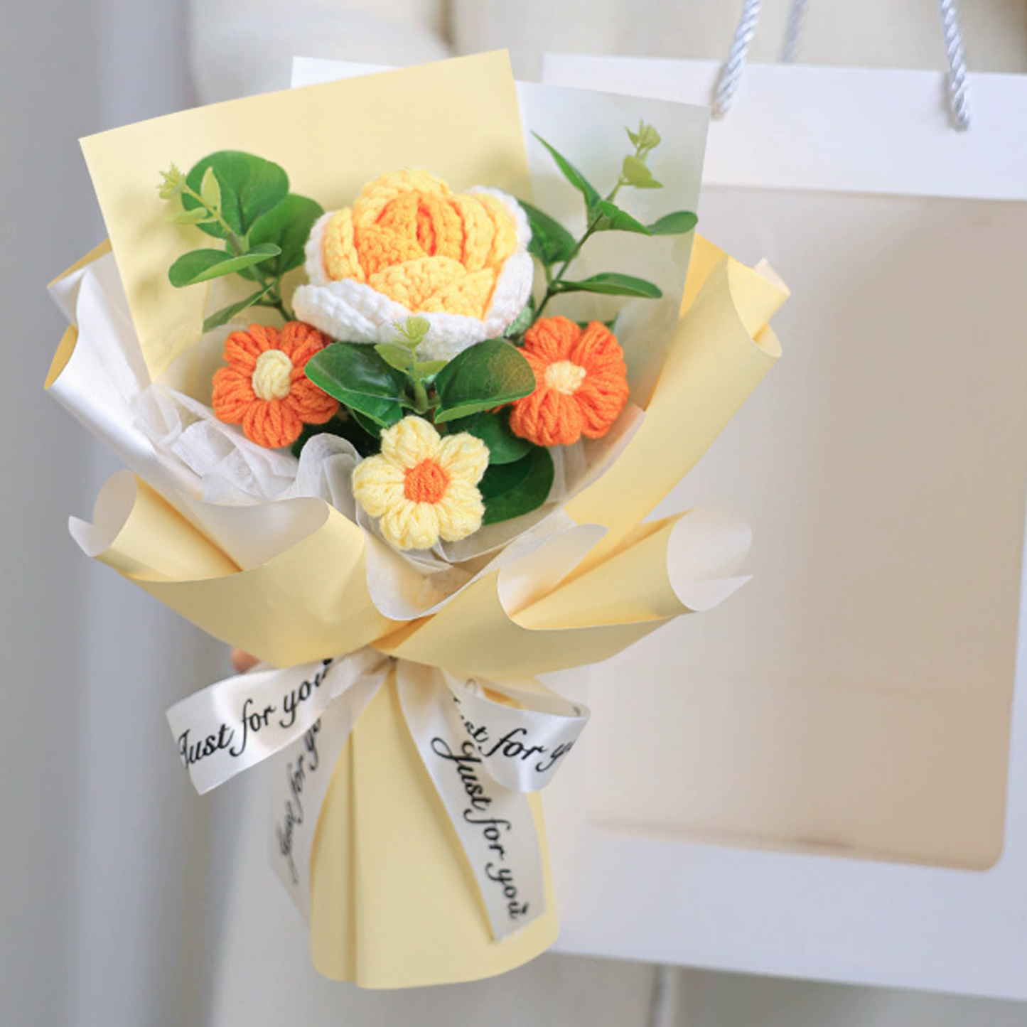 "You Are Sunshine" Knitted Yarn Rose Bouquet – Handmade Gift with Gift Bag | Jessemade