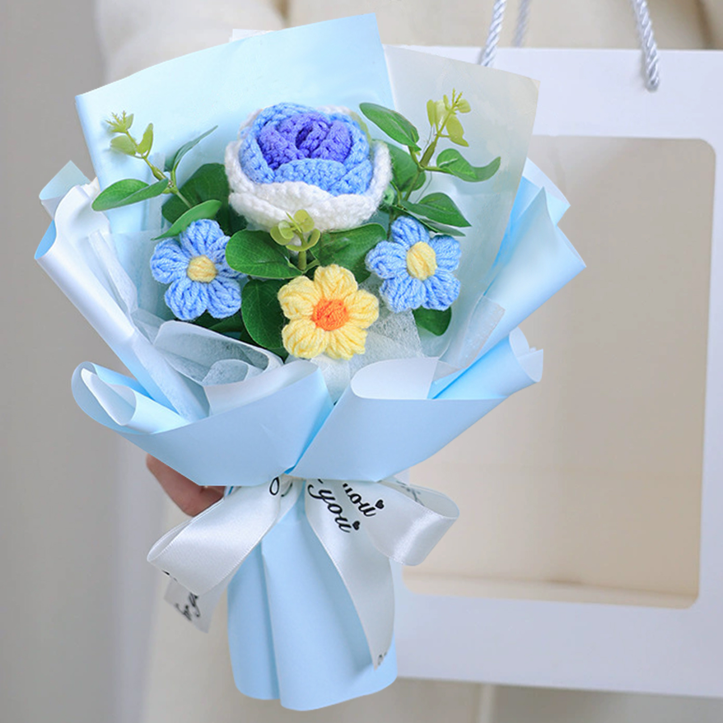 "You Are Sunshine" Knitted Yarn Rose Bouquet – Handmade Gift with Gift Bag | Jessemade
